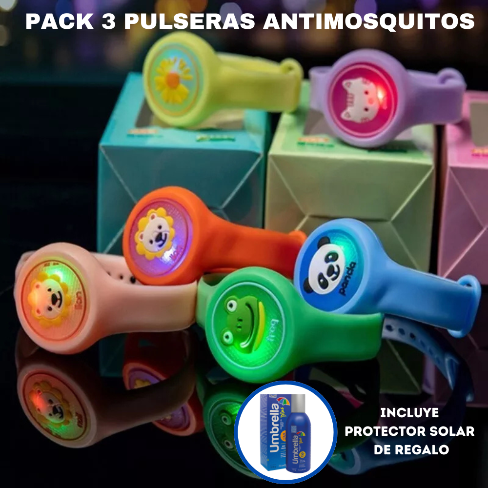 Pack de 3 Pulseras Antimosquitos - ¡LA PROTECCIÓN IDEAL EN ESTE VERANO!☀️🦟 Incluye Protector Solar de Regalo😱